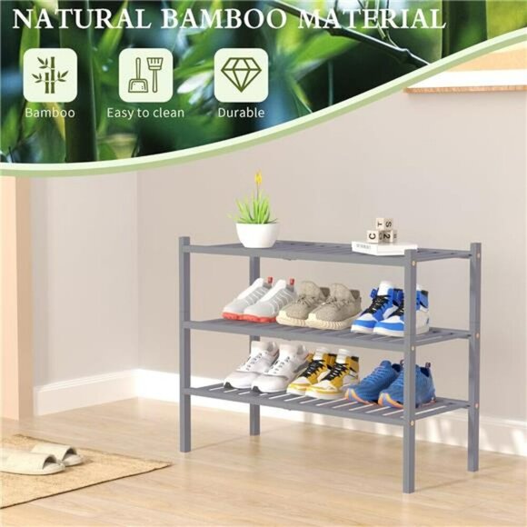 3 Tier Bamboo Shoe Rack Stackable Wood Shelf Organizer for Closet Entryway - Picture 6 of 8